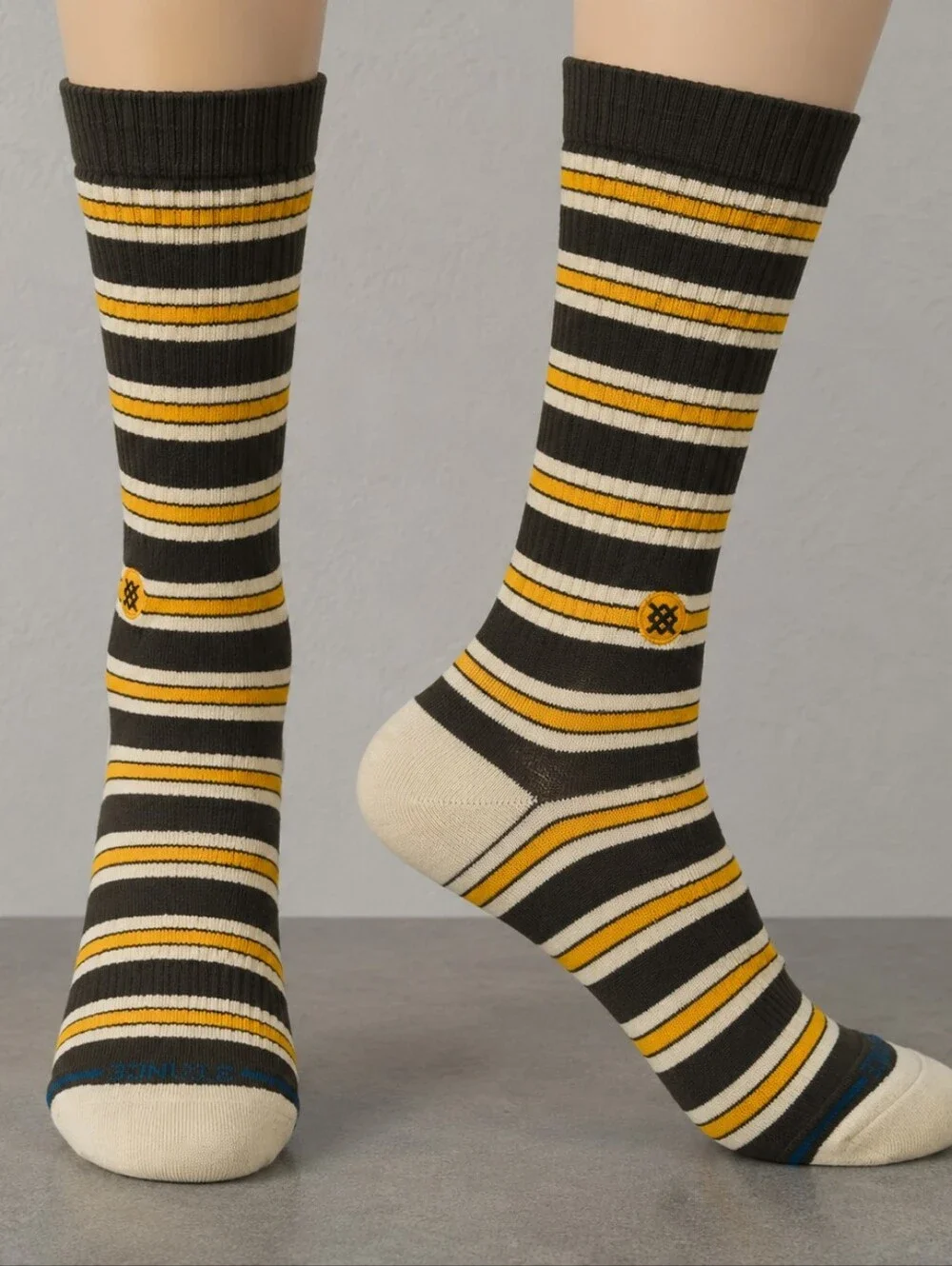 Stance Casual Striped Socks - Olive Green, Yellow, Cream, Mens L 9-13, Cotton